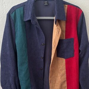 SHEIN Navy Colorblock Corduroy Shirt Jacket with Green, Tan & Red Panels